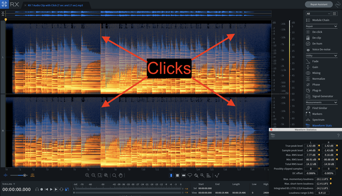 iZotope RX spectrogram of audio clip with clicks