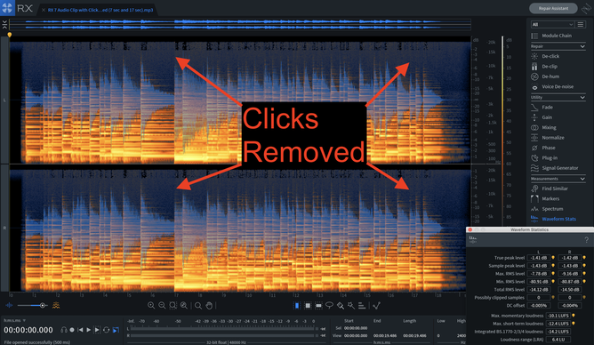 iZotope RX spectrogram of audio clip with clicks removed