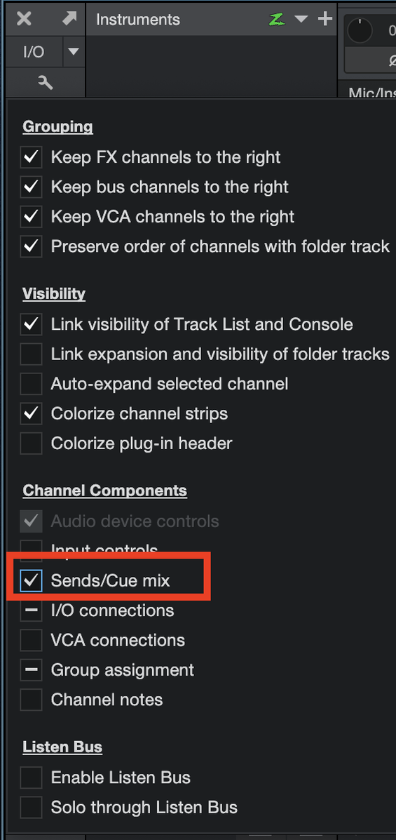 Sends/Cue Mix Channel Components